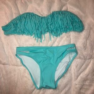 BLUE FRINGE BANDEAU AND CUT-OUT BOTTOM BIKINI